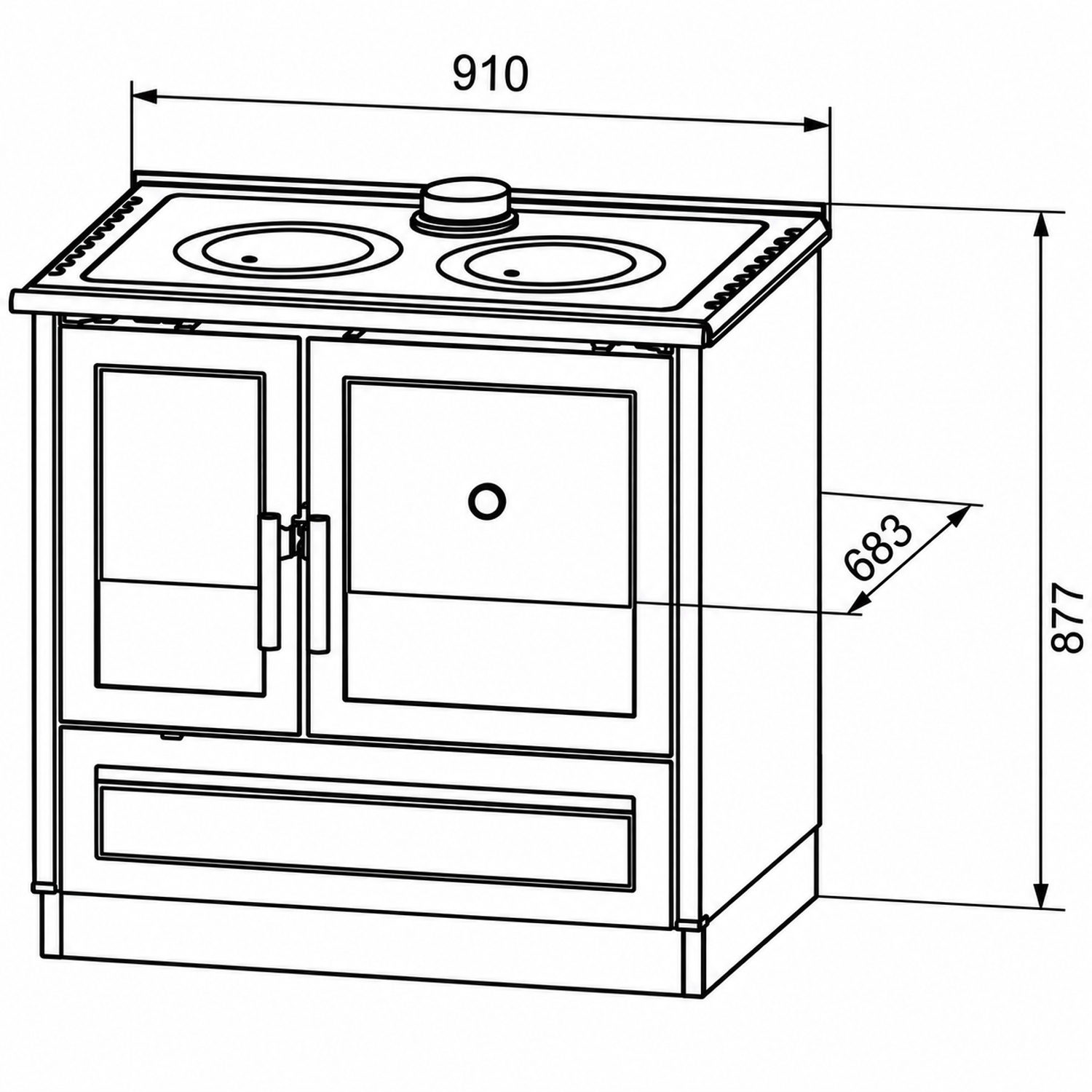 Габаритный чертёж Отопительно-варочная печь Plamen 910 Glas (белая)